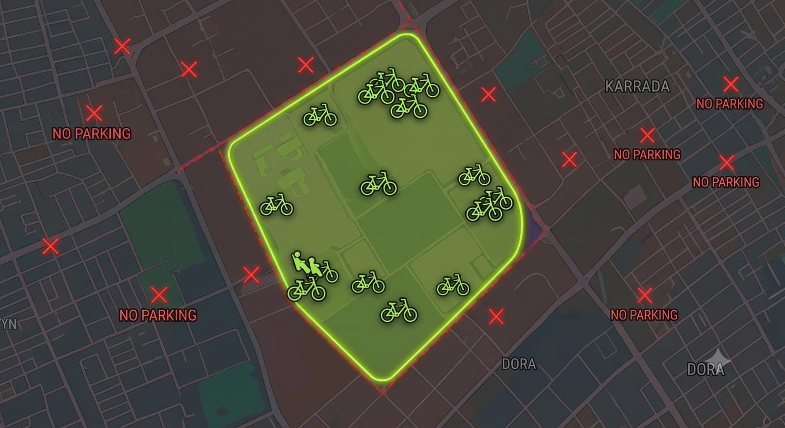Geofenced map of Baghdad showing parking zones and no-parking markers