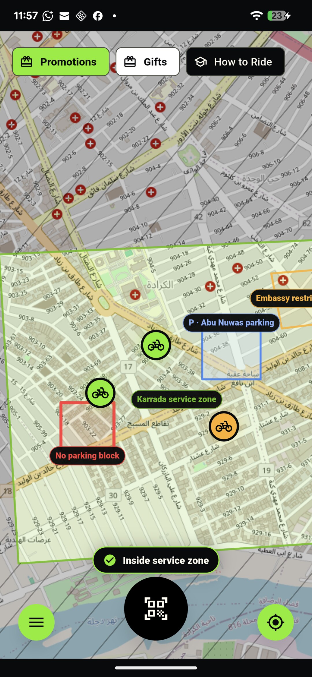 Live map of nearby Farra bikes inside the Karrada service zone