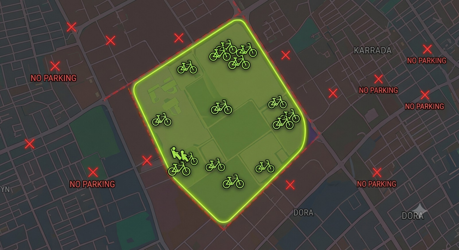 Geofenced map of Baghdad showing parking zones and no-parking markers